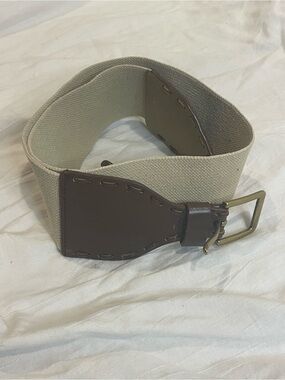 Talbots Wide Stretch Belt Tan Canvas Brown Faux Leather Trim Size M